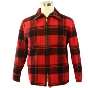70s Vintage Mens L Woolrich Field Jacket Red Buffalo Plaid Wool Zip Front Coat